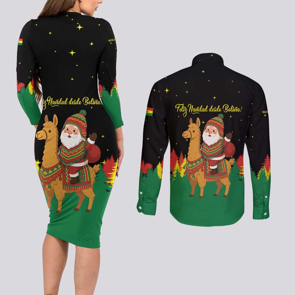 Bolivia Christmas Couples Matching Long Sleeve Bodycon Dress and Long Sleeve Button Shirt with Santa Claus Llama Andean Outfit and Festive Tree Design - Wonder Print Shop