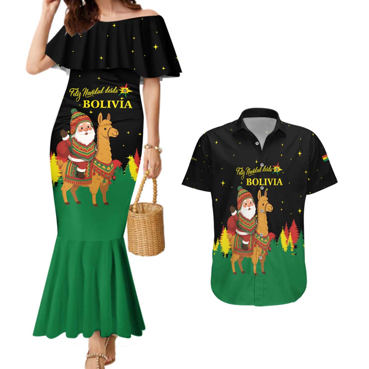 Bolivia Christmas Couples Matching Mermaid Dress and Hawaiian Shirt with Santa Claus Llama Andean Outfit and Festive Tree Design - Wonder Print Shop