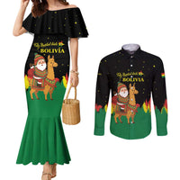 Bolivia Christmas Couples Matching Mermaid Dress and Long Sleeve Button Shirt with Santa Claus Llama Andean Outfit and Festive Tree Design - Wonder Print Shop