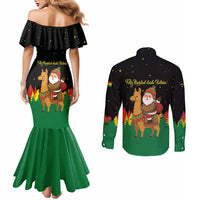 Bolivia Christmas Couples Matching Mermaid Dress and Long Sleeve Button Shirt with Santa Claus Llama Andean Outfit and Festive Tree Design - Wonder Print Shop