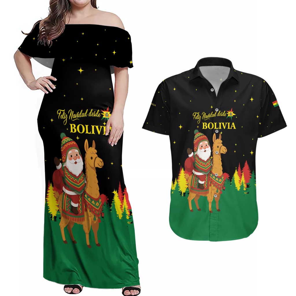 Bolivia Christmas Couples Matching Off Shoulder Maxi Dress and Hawaiian Shirt with Santa Claus Llama Andean Outfit and Festive Tree Design - Wonder Print Shop