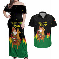 Bolivia Christmas Couples Matching Off Shoulder Maxi Dress and Hawaiian Shirt with Santa Claus Llama Andean Outfit and Festive Tree Design - Wonder Print Shop