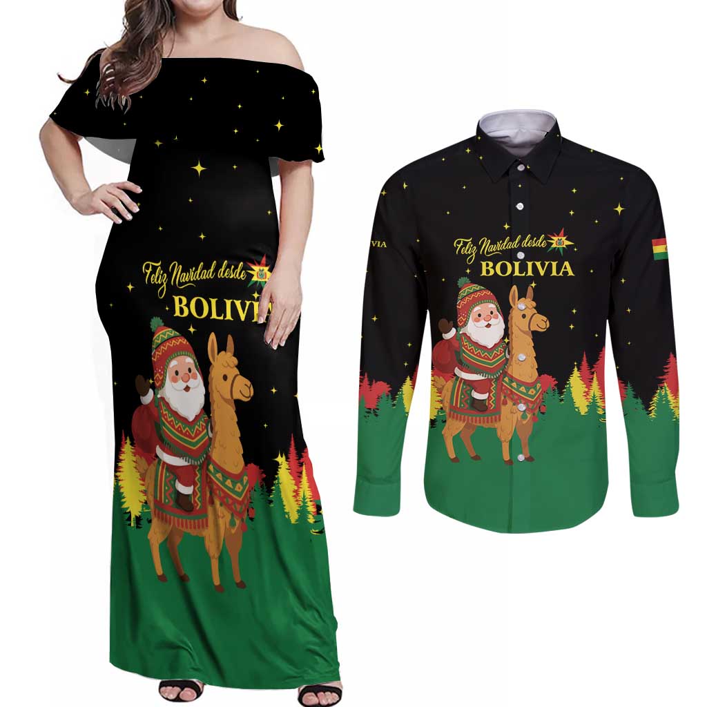 Bolivia Christmas Couples Matching Off Shoulder Maxi Dress and Long Sleeve Button Shirt with Santa Claus Llama Andean Outfit and Festive Tree Design - Wonder Print Shop