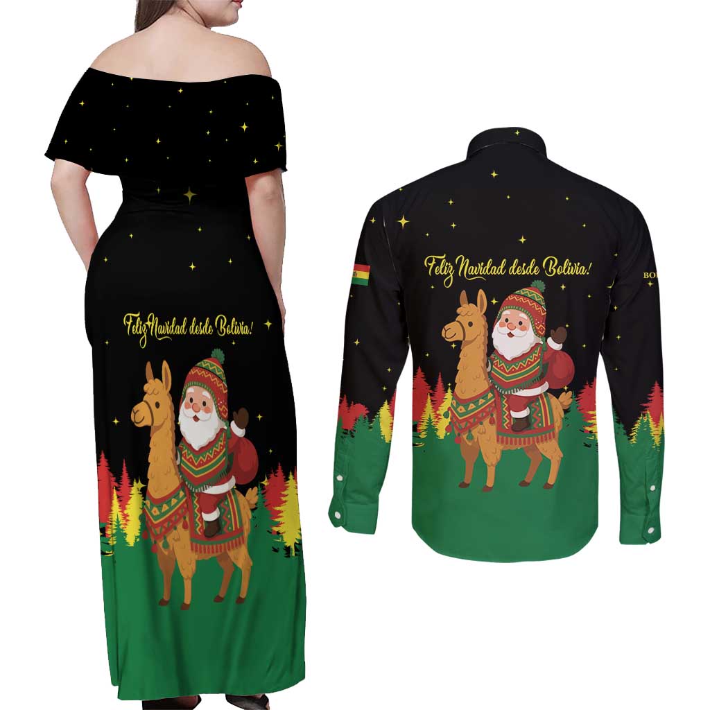 Bolivia Christmas Couples Matching Off Shoulder Maxi Dress and Long Sleeve Button Shirt with Santa Claus Llama Andean Outfit and Festive Tree Design - Wonder Print Shop