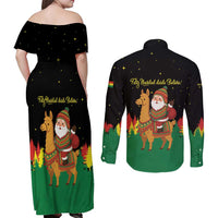 Bolivia Christmas Couples Matching Off Shoulder Maxi Dress and Long Sleeve Button Shirt with Santa Claus Llama Andean Outfit and Festive Tree Design - Wonder Print Shop