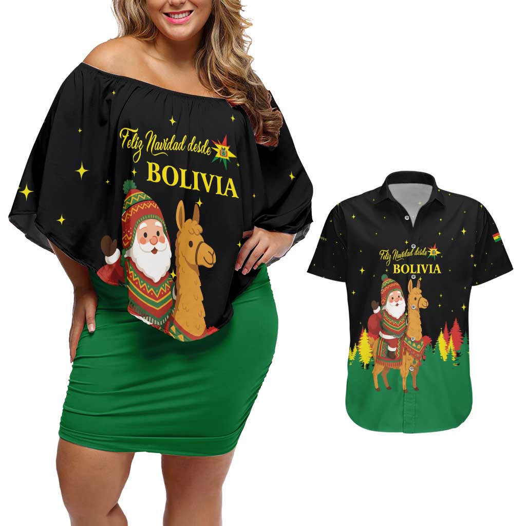 Bolivia Christmas Couples Matching Off Shoulder Short Dress and Hawaiian Shirt with Santa Claus Llama Andean Outfit and Festive Tree Design - Wonder Print Shop