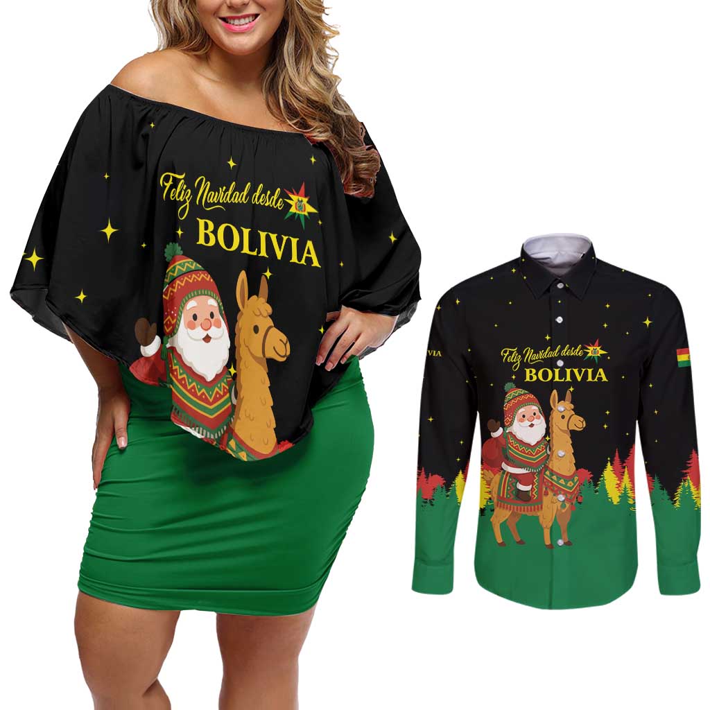 Bolivia Christmas Couples Matching Off Shoulder Short Dress and Long Sleeve Button Shirt with Santa Claus Llama Andean Outfit and Festive Tree Design - Wonder Print Shop