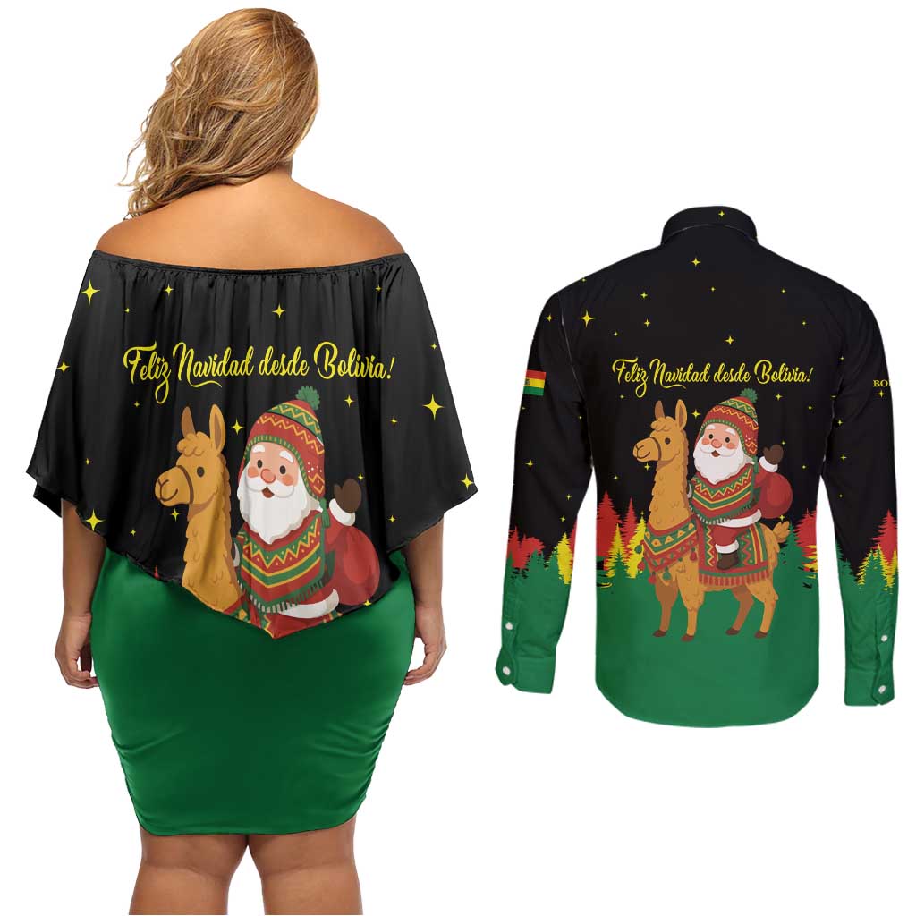 Bolivia Christmas Couples Matching Off Shoulder Short Dress and Long Sleeve Button Shirt with Santa Claus Llama Andean Outfit and Festive Tree Design - Wonder Print Shop