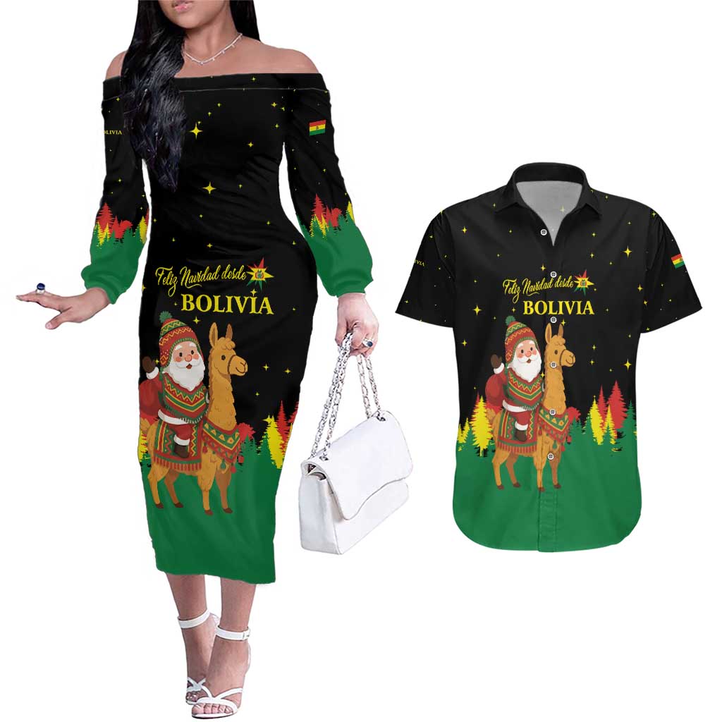 Bolivia Christmas Couples Matching Off The Shoulder Long Sleeve Dress and Hawaiian Shirt with Santa Claus Llama Andean Outfit and Festive Tree Design - Wonder Print Shop