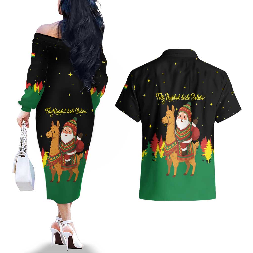 Bolivia Christmas Couples Matching Off The Shoulder Long Sleeve Dress and Hawaiian Shirt with Santa Claus Llama Andean Outfit and Festive Tree Design - Wonder Print Shop