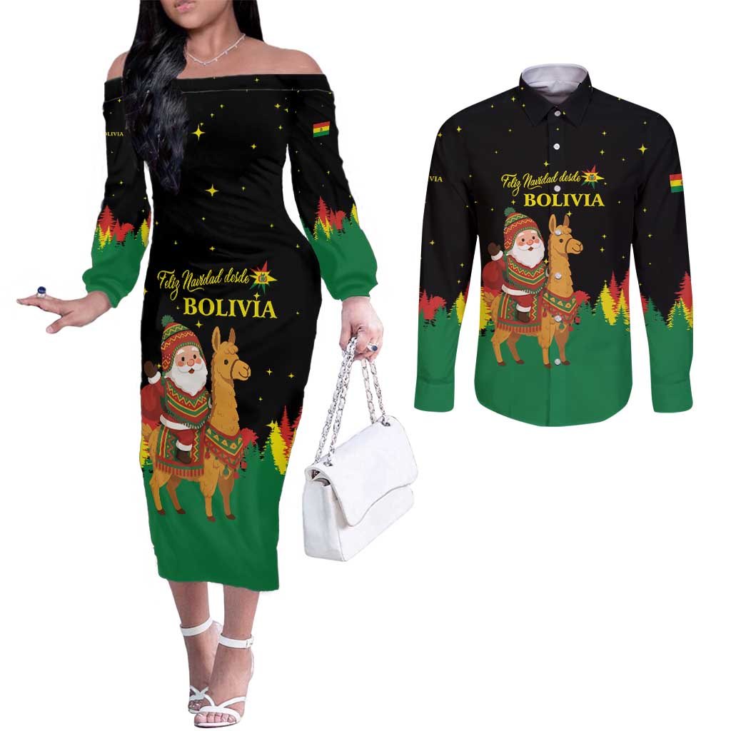 Bolivia Christmas Couples Matching Off The Shoulder Long Sleeve Dress and Long Sleeve Button Shirt with Santa Claus Llama Andean Outfit and Festive Tree Design - Wonder Print Shop