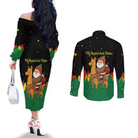 Bolivia Christmas Couples Matching Off The Shoulder Long Sleeve Dress and Long Sleeve Button Shirt with Santa Claus Llama Andean Outfit and Festive Tree Design - Wonder Print Shop