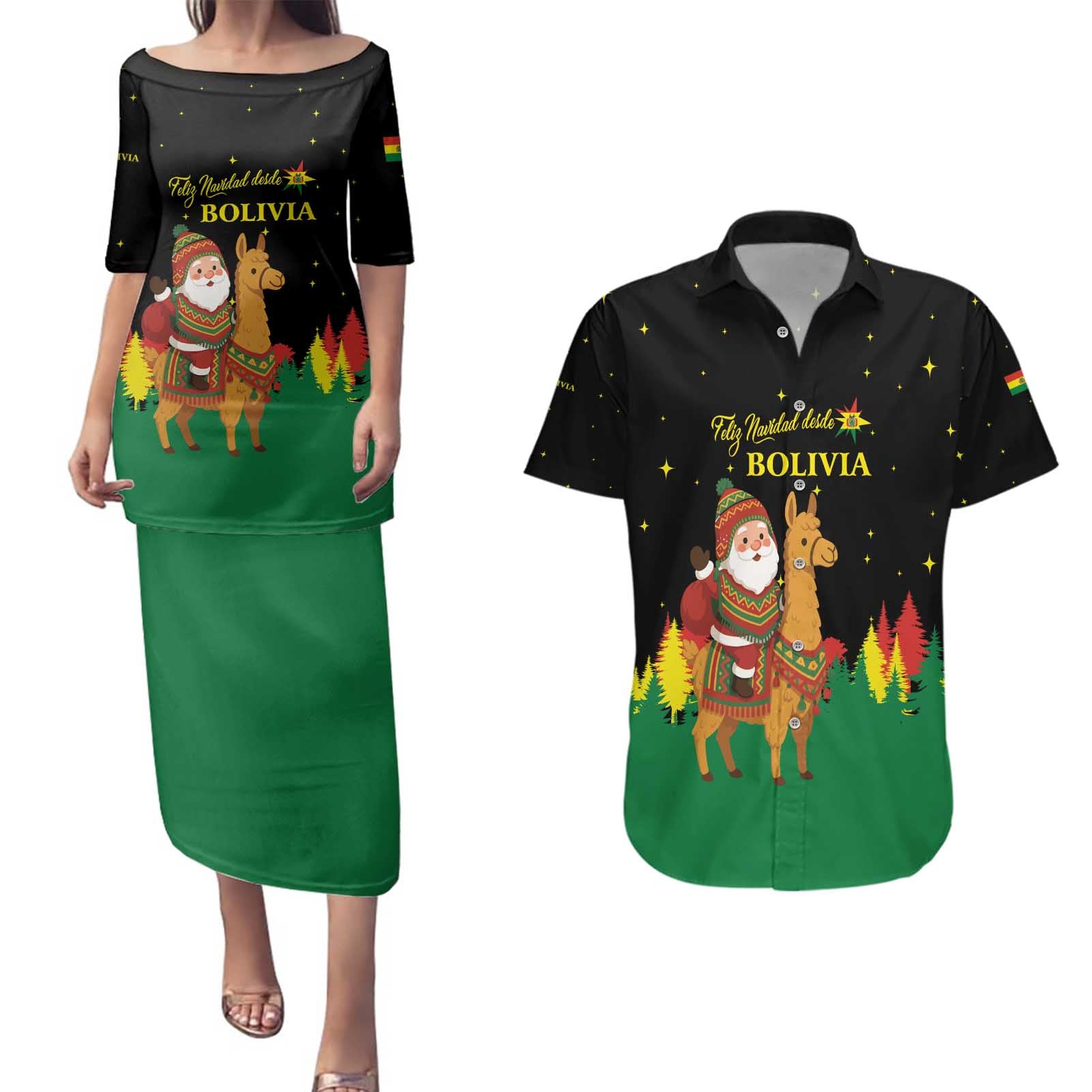 Bolivia Christmas Couples Matching Puletasi and Hawaiian Shirt with Santa Claus Llama Andean Outfit and Festive Tree Design - Wonder Print Shop