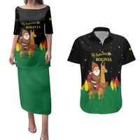 Bolivia Christmas Couples Matching Puletasi and Hawaiian Shirt with Santa Claus Llama Andean Outfit and Festive Tree Design - Wonder Print Shop