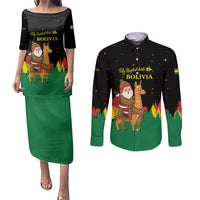 Bolivia Christmas Couples Matching Puletasi and Long Sleeve Button Shirt with Santa Claus Llama Andean Outfit and Festive Tree Design - Wonder Print Shop