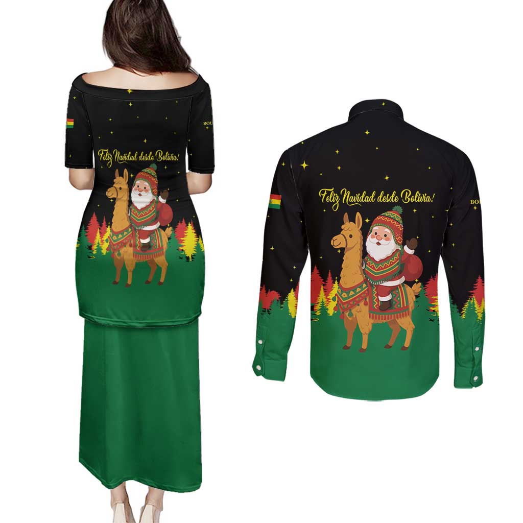 Bolivia Christmas Couples Matching Puletasi and Long Sleeve Button Shirt with Santa Claus Llama Andean Outfit and Festive Tree Design - Wonder Print Shop