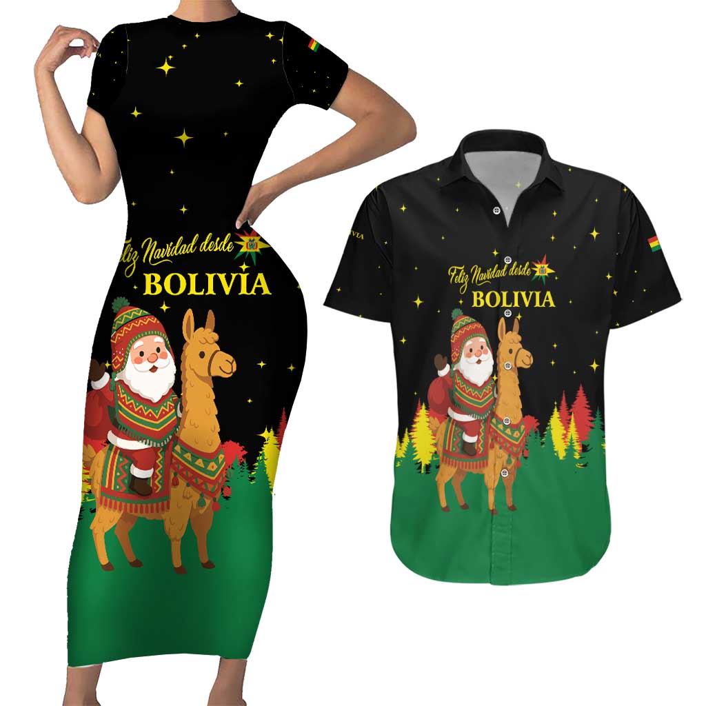 Bolivia Christmas Couples Matching Short Sleeve Bodycon Dress and Hawaiian Shirt with Santa Claus Llama Andean Outfit and Festive Tree Design - Wonder Print Shop