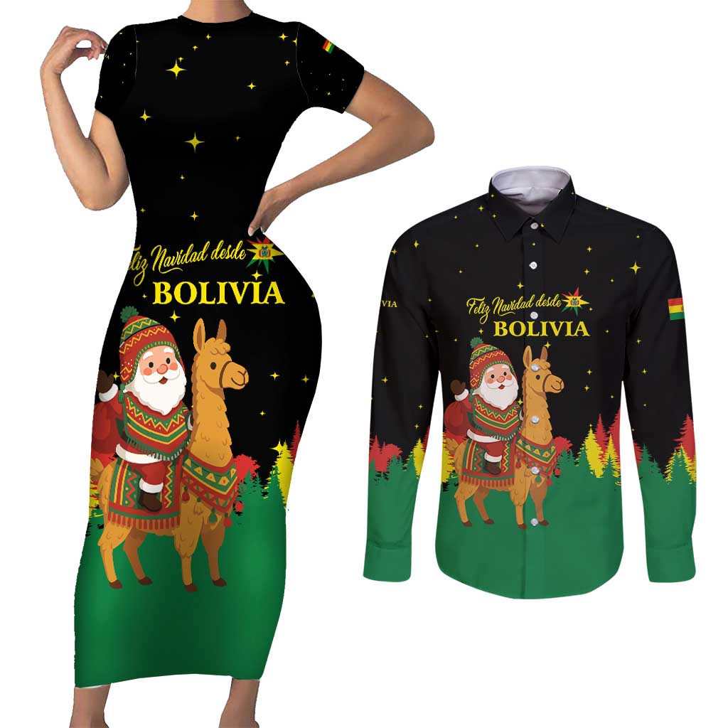 Bolivia Christmas Couples Matching Short Sleeve Bodycon Dress and Long Sleeve Button Shirt with Santa Claus Llama Andean Outfit and Festive Tree Design - Wonder Print Shop