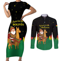 Bolivia Christmas Couples Matching Short Sleeve Bodycon Dress and Long Sleeve Button Shirt with Santa Claus Llama Andean Outfit and Festive Tree Design - Wonder Print Shop