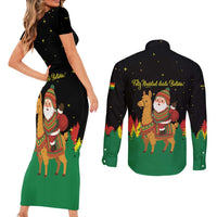 Bolivia Christmas Couples Matching Short Sleeve Bodycon Dress and Long Sleeve Button Shirt with Santa Claus Llama Andean Outfit and Festive Tree Design - Wonder Print Shop