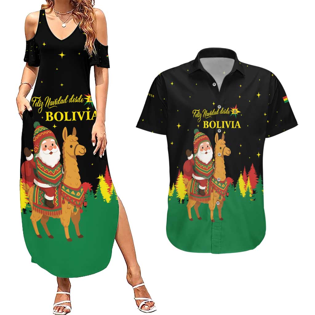 Bolivia Christmas Couples Matching Summer Maxi Dress and Hawaiian Shirt with Santa Claus Llama Andean Outfit and Festive Tree Design - Wonder Print Shop