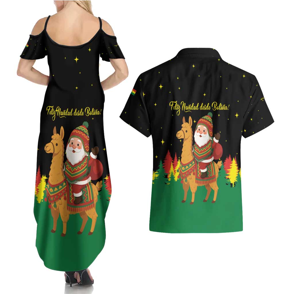 Bolivia Christmas Couples Matching Summer Maxi Dress and Hawaiian Shirt with Santa Claus Llama Andean Outfit and Festive Tree Design - Wonder Print Shop