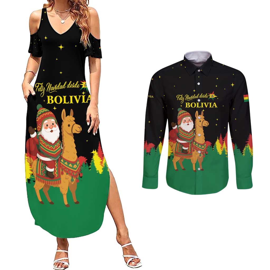 Bolivia Christmas Couples Matching Summer Maxi Dress and Long Sleeve Button Shirt with Santa Claus Llama Andean Outfit and Festive Tree Design - Wonder Print Shop