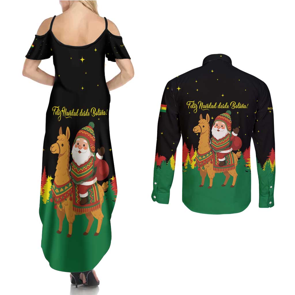Bolivia Christmas Couples Matching Summer Maxi Dress and Long Sleeve Button Shirt with Santa Claus Llama Andean Outfit and Festive Tree Design - Wonder Print Shop