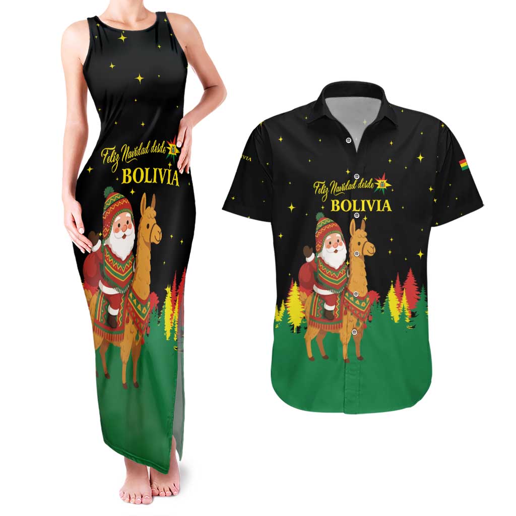 Bolivia Christmas Couples Matching Tank Maxi Dress and Hawaiian Shirt with Santa Claus Llama Andean Outfit and Festive Tree Design - Wonder Print Shop