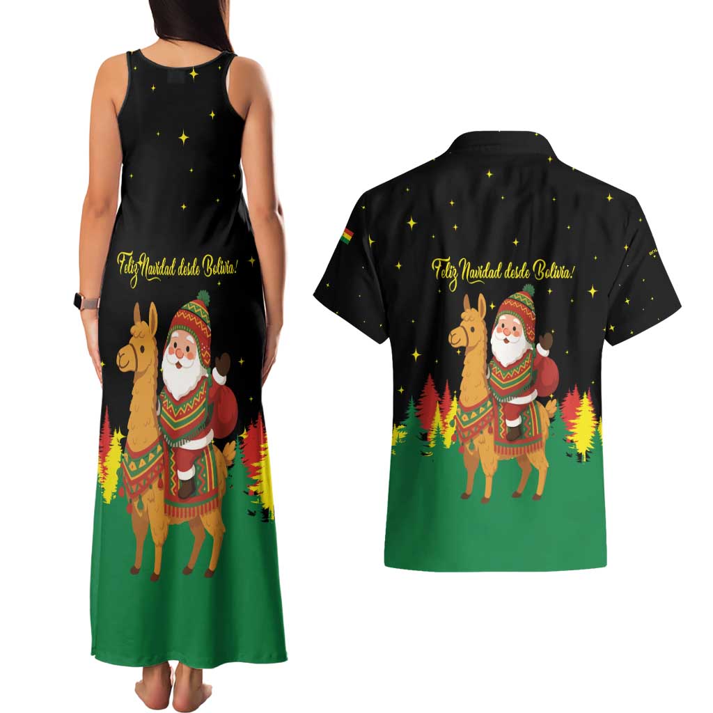 Bolivia Christmas Couples Matching Tank Maxi Dress and Hawaiian Shirt with Santa Claus Llama Andean Outfit and Festive Tree Design - Wonder Print Shop