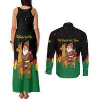 Bolivia Christmas Couples Matching Tank Maxi Dress and Long Sleeve Button Shirt with Santa Claus Llama Andean Outfit and Festive Tree Design - Wonder Print Shop