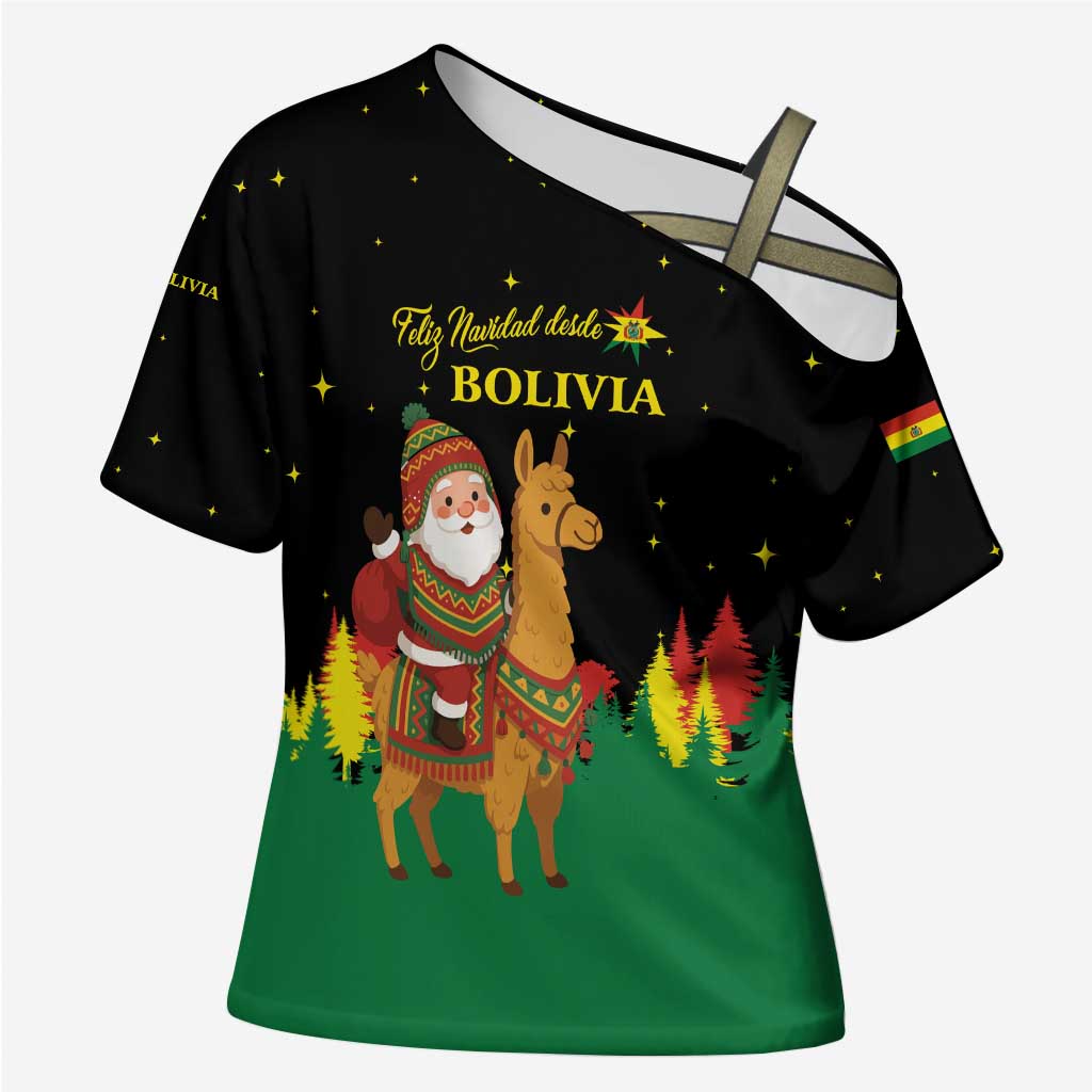 Bolivia Christmas Cross Shoulder Shirt with Santa Claus Llama Andean Outfit and Festive Tree Design - Wonder Print Shop