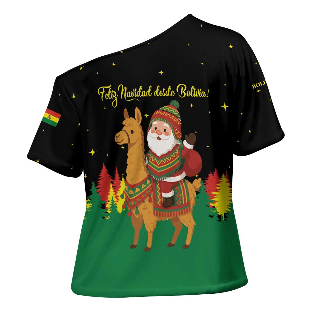 Bolivia Christmas Cross Shoulder Shirt with Santa Claus Llama Andean Outfit and Festive Tree Design - Wonder Print Shop