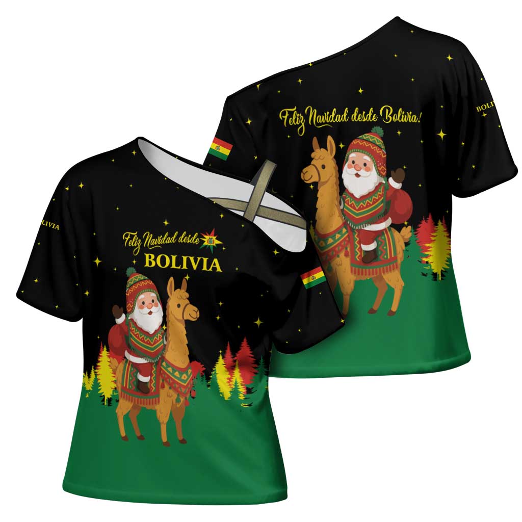 Bolivia Christmas Cross Shoulder Shirt with Santa Claus Llama Andean Outfit and Festive Tree Design - Wonder Print Shop