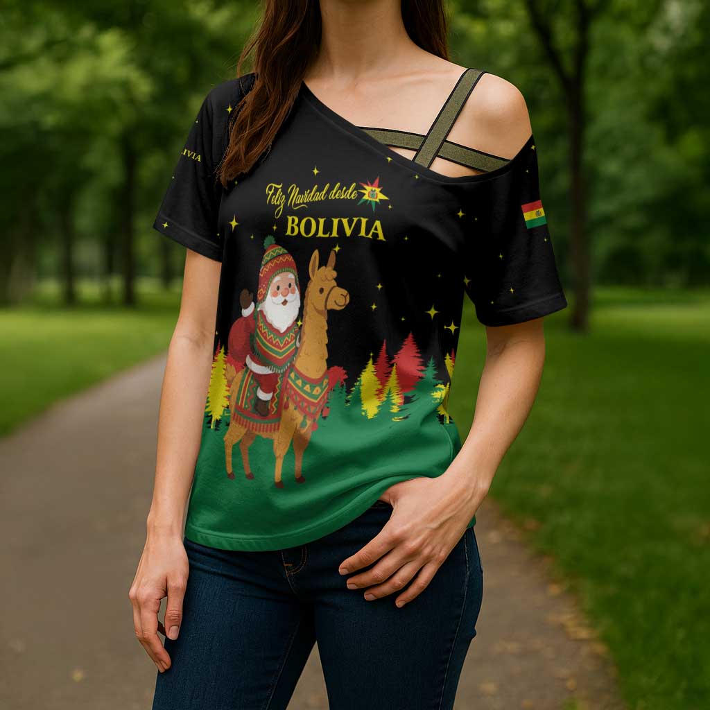 Bolivia Christmas Cross Shoulder Shirt with Santa Claus Llama Andean Outfit and Festive Tree Design - Wonder Print Shop