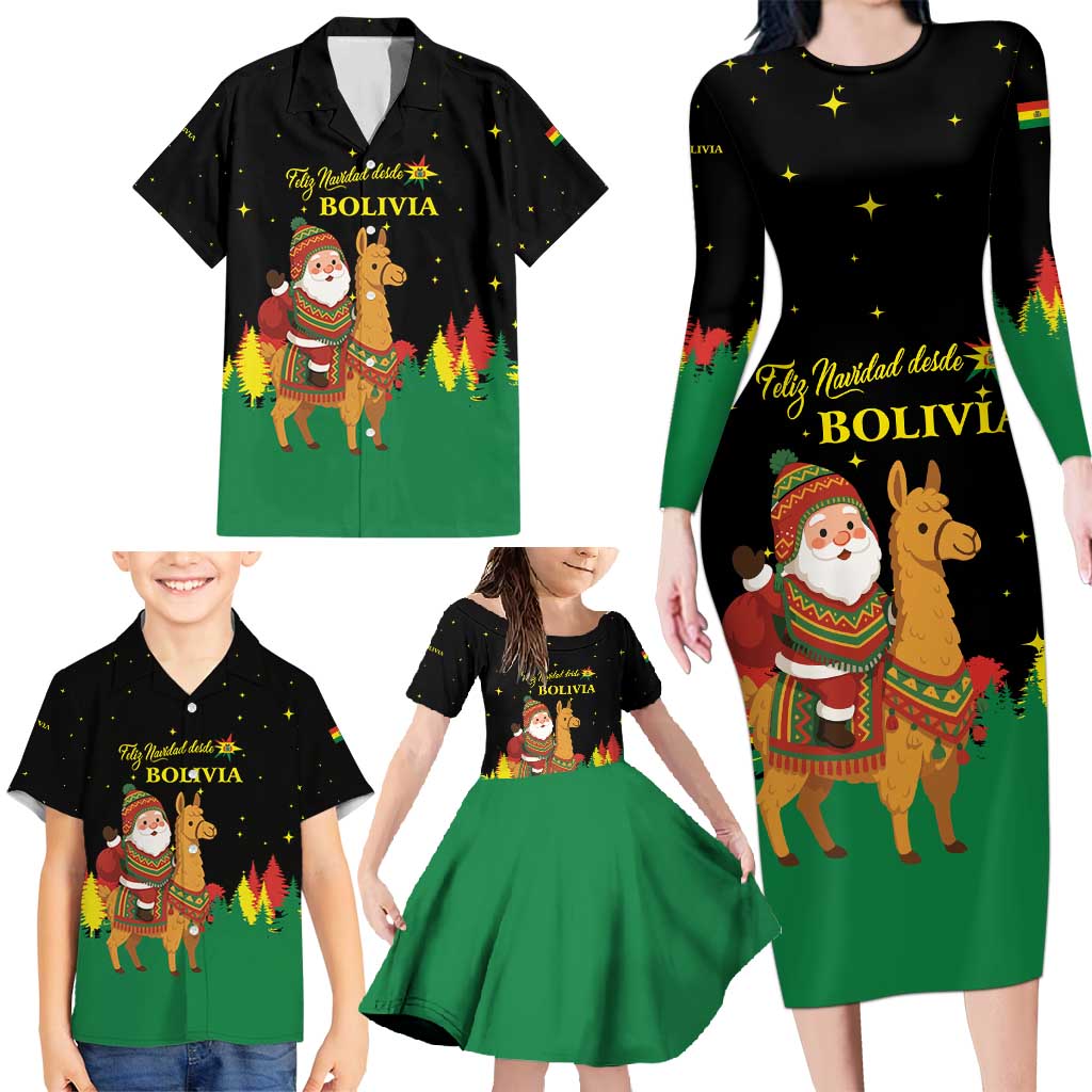 Bolivia Christmas Family Matching Long Sleeve Bodycon Dress and Hawaiian Shirt with Santa Claus Llama Andean Outfit and Festive Tree Design - Wonder Print Shop
