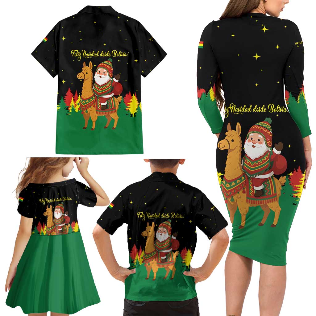 Bolivia Christmas Family Matching Long Sleeve Bodycon Dress and Hawaiian Shirt with Santa Claus Llama Andean Outfit and Festive Tree Design - Wonder Print Shop