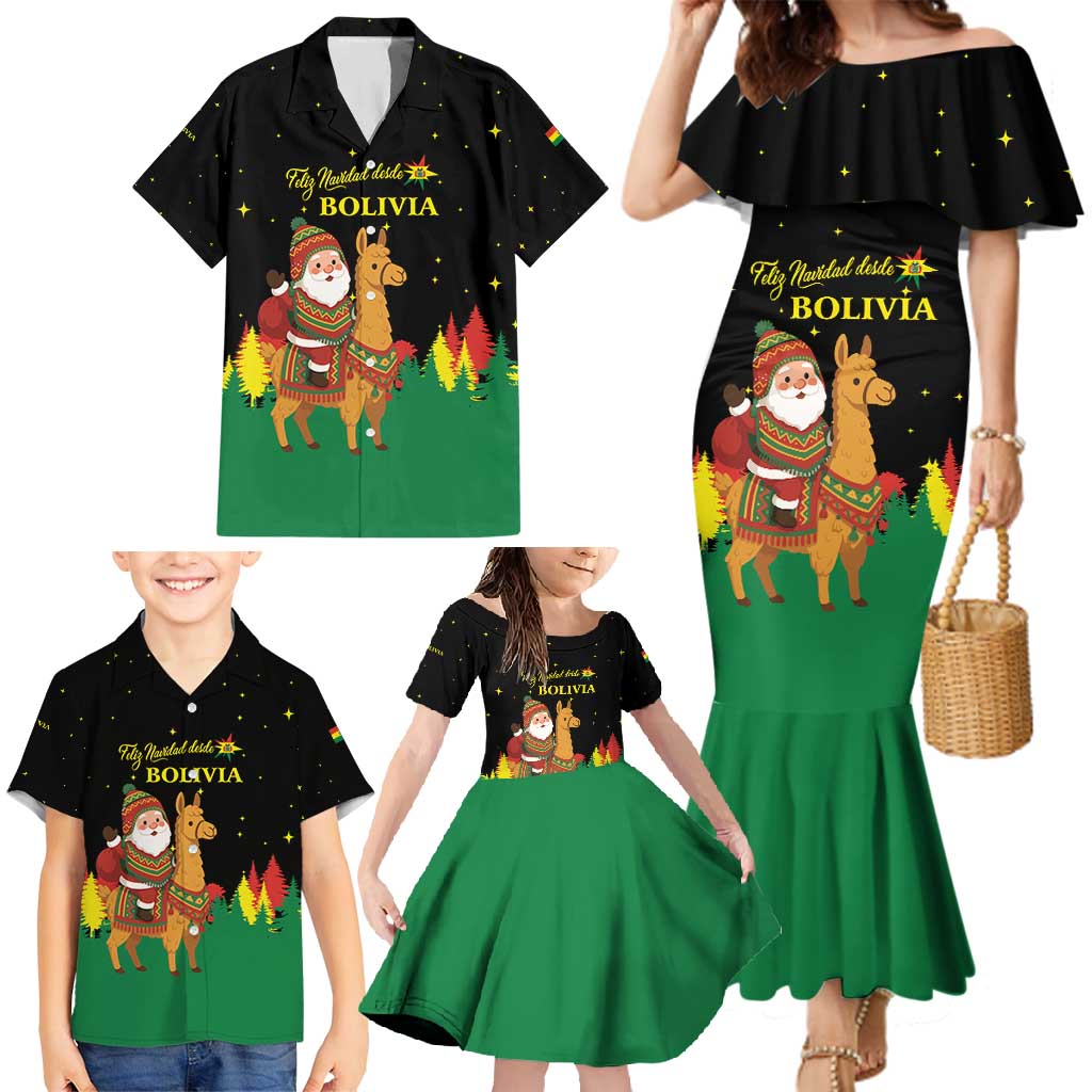 Bolivia Christmas Family Matching Mermaid Dress and Hawaiian Shirt with Santa Claus Llama Andean Outfit and Festive Tree Design - Wonder Print Shop