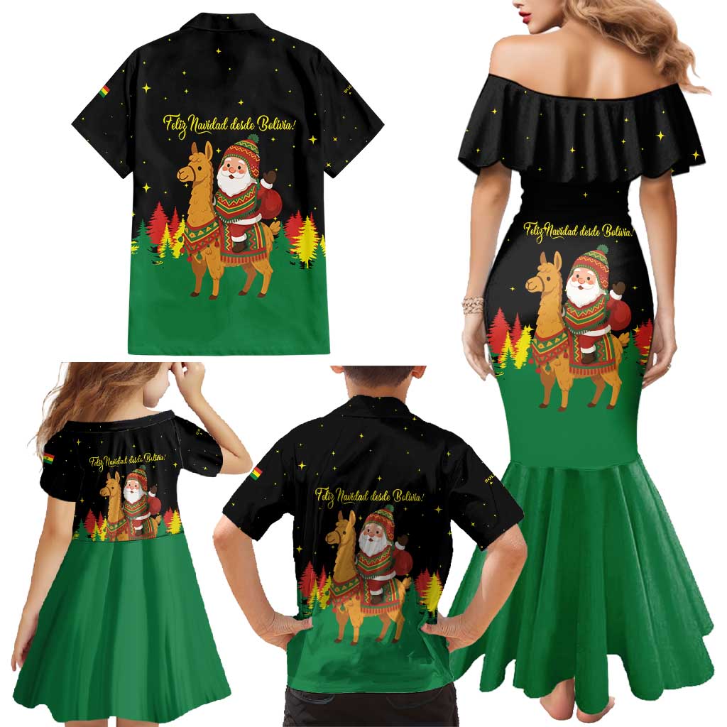 Bolivia Christmas Family Matching Mermaid Dress and Hawaiian Shirt with Santa Claus Llama Andean Outfit and Festive Tree Design - Wonder Print Shop
