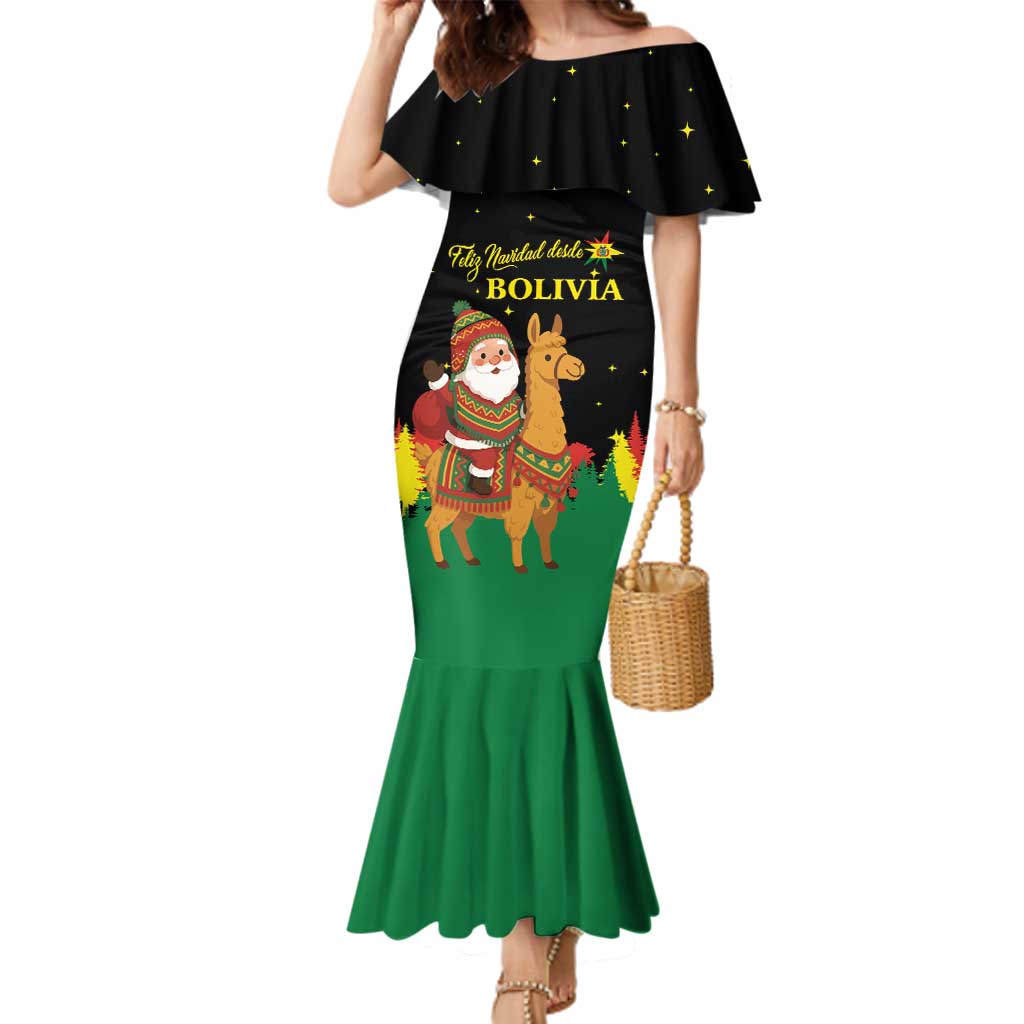 Bolivia Christmas Family Matching Mermaid Dress and Hawaiian Shirt with Santa Claus Llama Andean Outfit and Festive Tree Design - Wonder Print Shop