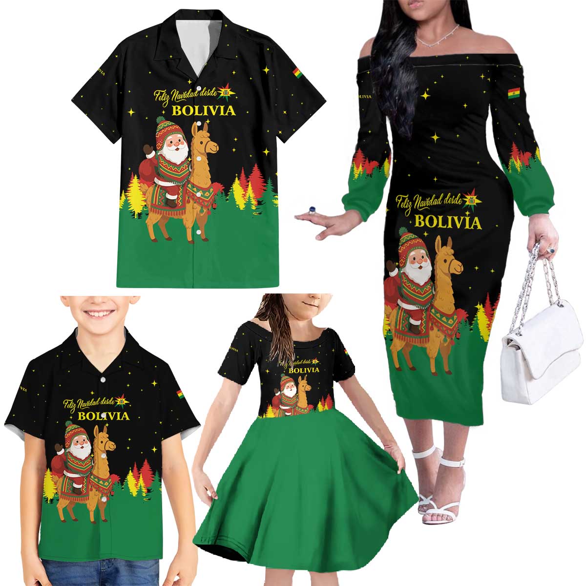 Bolivia Christmas Family Matching Off The Shoulder Long Sleeve Dress and Hawaiian Shirt with Santa Claus Llama Andean Outfit and Festive Tree Design - Wonder Print Shop