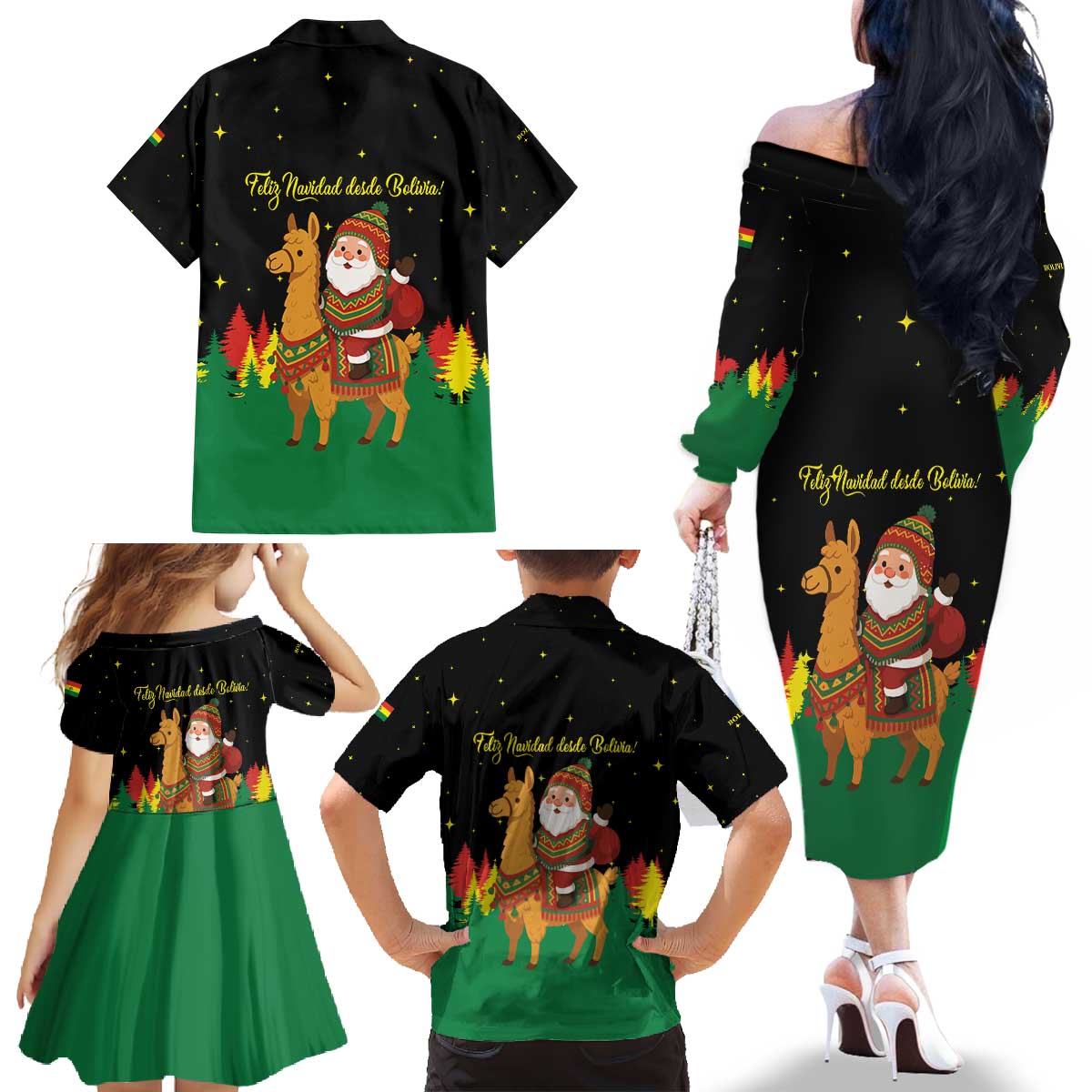 Bolivia Christmas Family Matching Off The Shoulder Long Sleeve Dress and Hawaiian Shirt with Santa Claus Llama Andean Outfit and Festive Tree Design - Wonder Print Shop