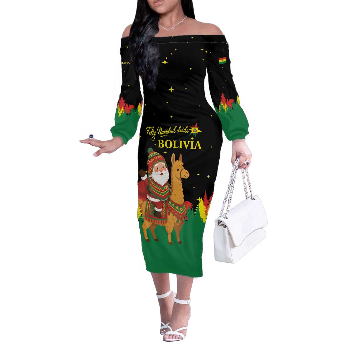 Bolivia Christmas Family Matching Off The Shoulder Long Sleeve Dress and Hawaiian Shirt with Santa Claus Llama Andean Outfit and Festive Tree Design - Wonder Print Shop