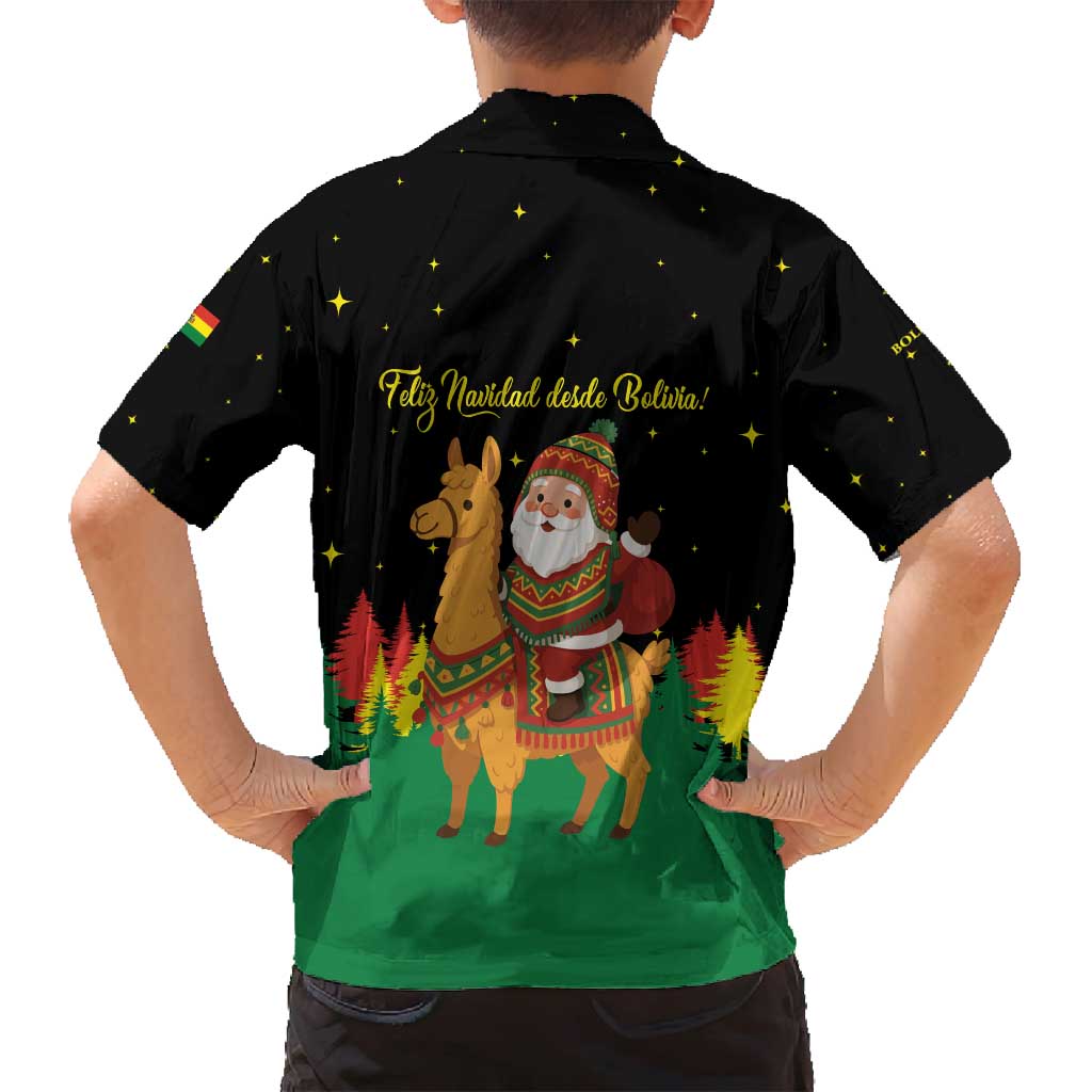 Bolivia Christmas Family Matching Off Shoulder Maxi Dress and Hawaiian Shirt with Santa Claus Llama Andean Outfit and Festive Tree Design - Wonder Print Shop