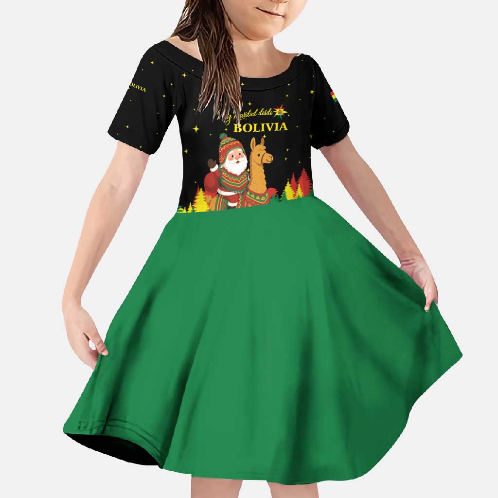 Bolivia Christmas Family Matching Off Shoulder Maxi Dress and Hawaiian Shirt with Santa Claus Llama Andean Outfit and Festive Tree Design - Wonder Print Shop