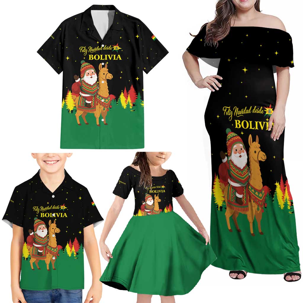 Bolivia Christmas Family Matching Off Shoulder Maxi Dress and Hawaiian Shirt with Santa Claus Llama Andean Outfit and Festive Tree Design - Wonder Print Shop