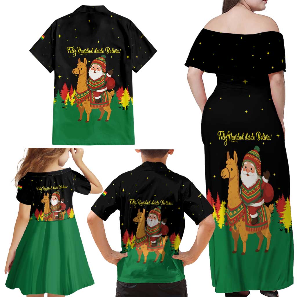 Bolivia Christmas Family Matching Off Shoulder Maxi Dress and Hawaiian Shirt with Santa Claus Llama Andean Outfit and Festive Tree Design - Wonder Print Shop
