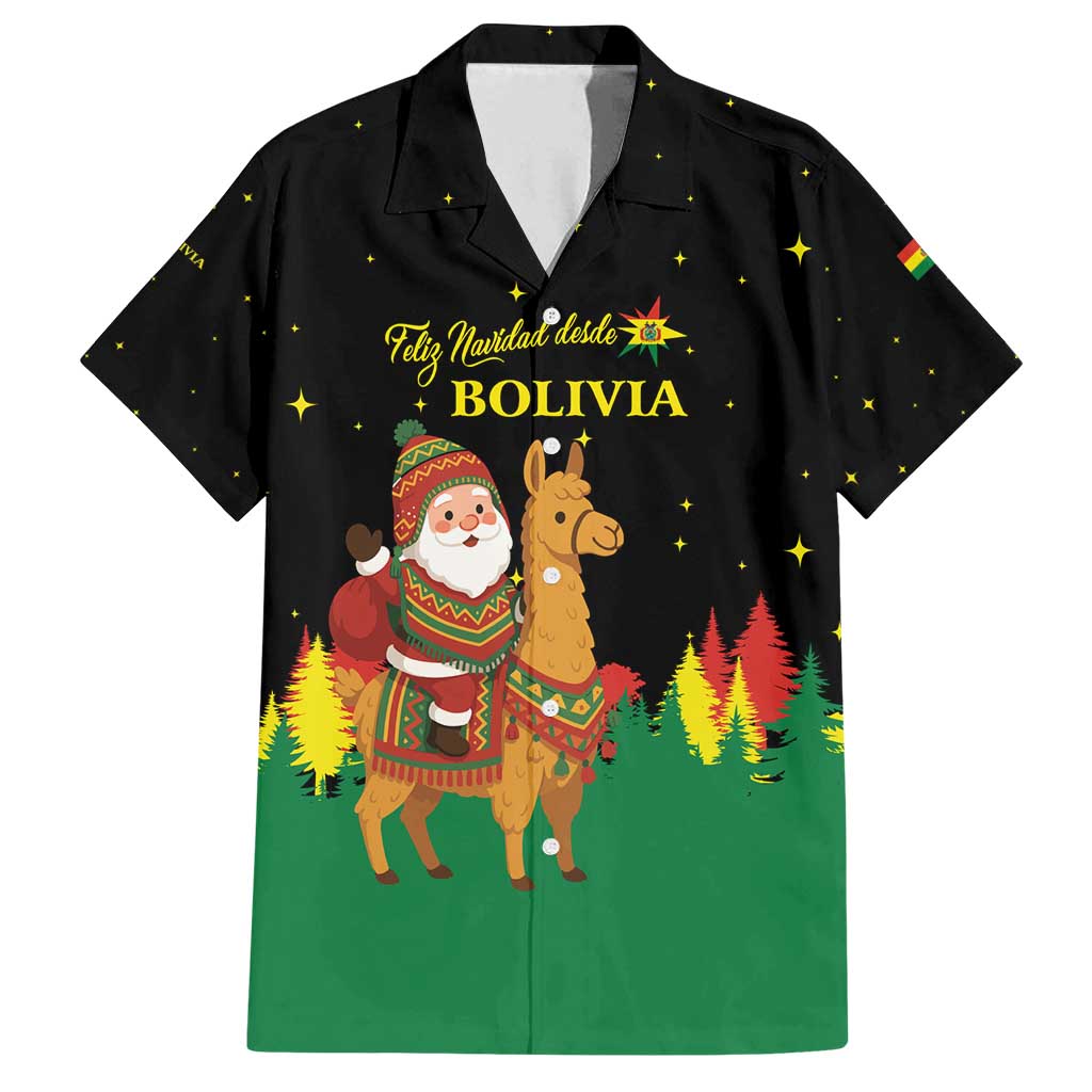 Bolivia Christmas Family Matching Off Shoulder Maxi Dress and Hawaiian Shirt with Santa Claus Llama Andean Outfit and Festive Tree Design - Wonder Print Shop