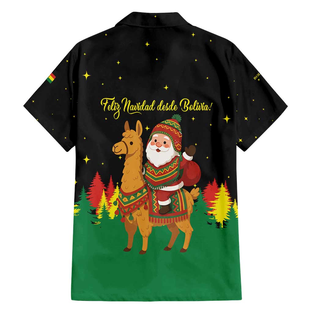 Bolivia Christmas Family Matching Off Shoulder Maxi Dress and Hawaiian Shirt with Santa Claus Llama Andean Outfit and Festive Tree Design - Wonder Print Shop