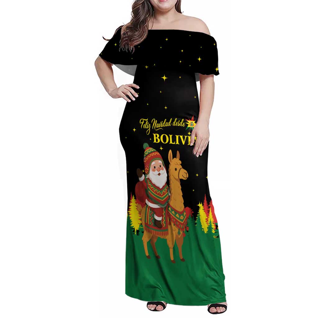 Bolivia Christmas Family Matching Off Shoulder Maxi Dress and Hawaiian Shirt with Santa Claus Llama Andean Outfit and Festive Tree Design - Wonder Print Shop